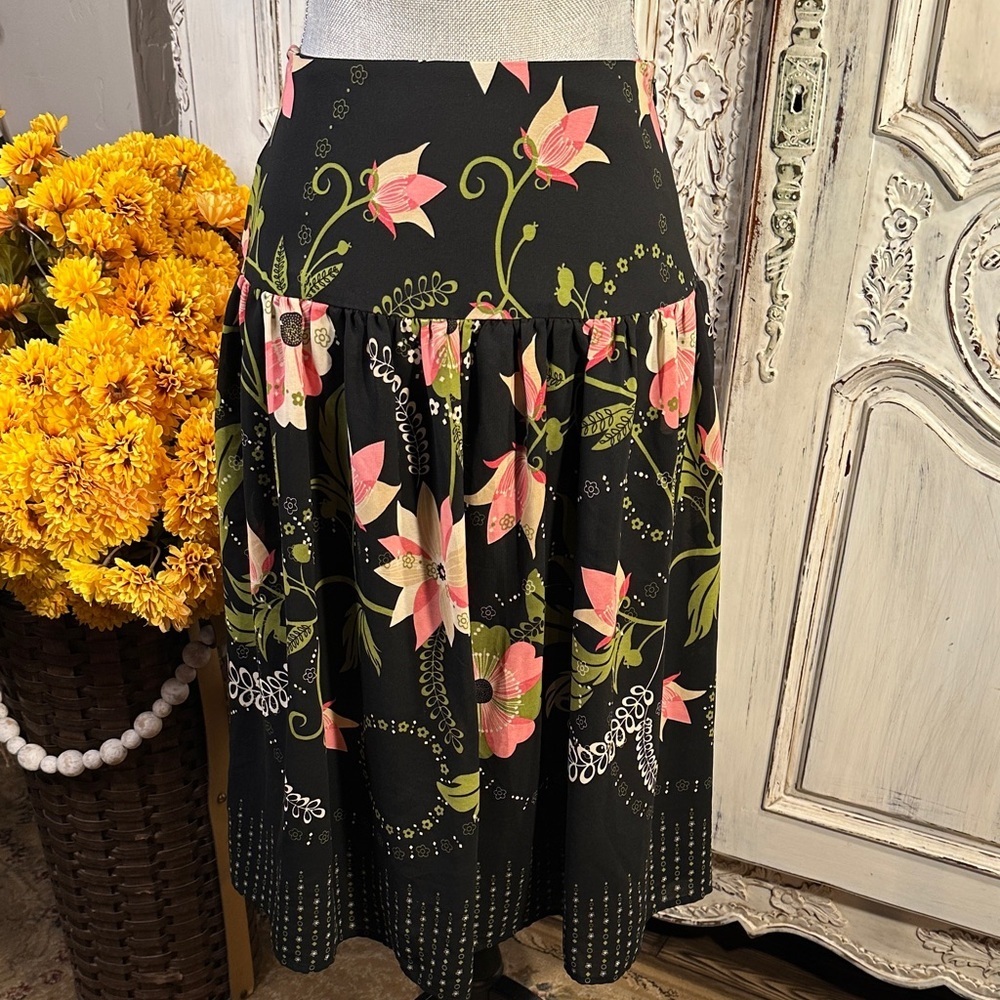 Covington Pretty Floral Black Flowy Skirt with Dropped Waist and Gathered Skirt